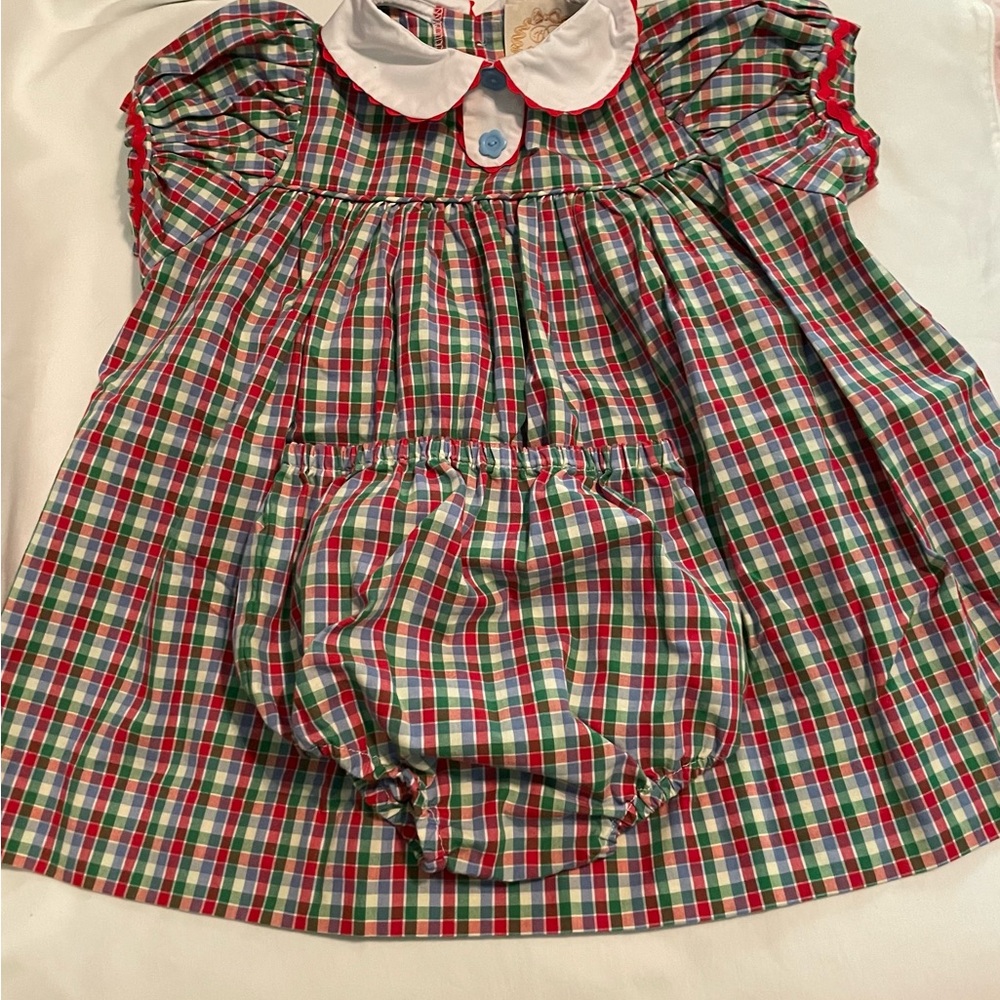The Beaufort Bonnet Company Red and Green Smocked Puff Sleeve Dress